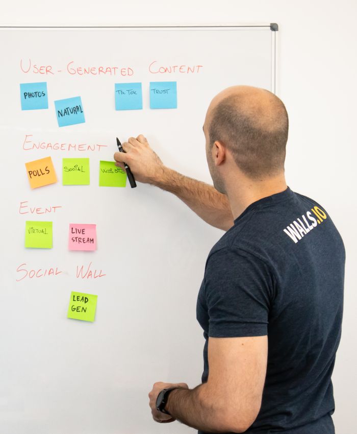 services-02 Man analyzing marketing content strategies using sticky notes on a whiteboard.